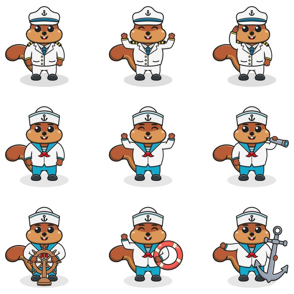 Funny Squirrel sailors set. Cute Squirrel characters in captain cap cartoon vector illustration.