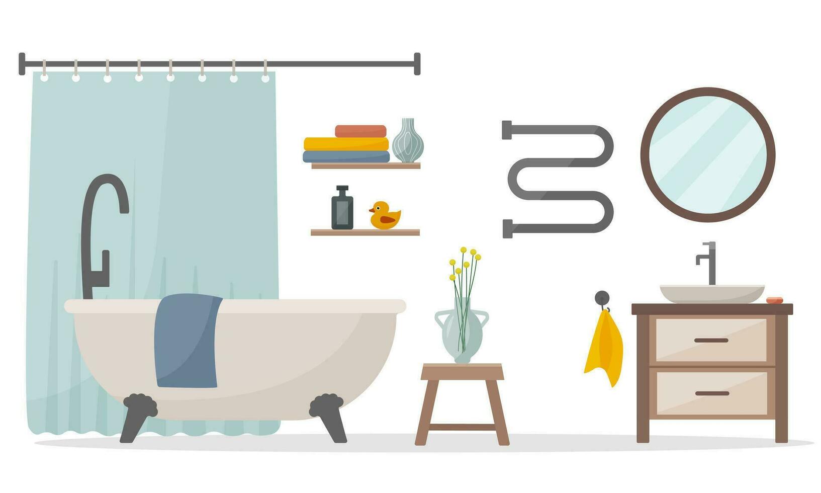 Stylish bathroom in flat vector style. Accessories shampoo, shower gel, soap, shelf, stool, vase, towel, mirror, sink, heated towel rail