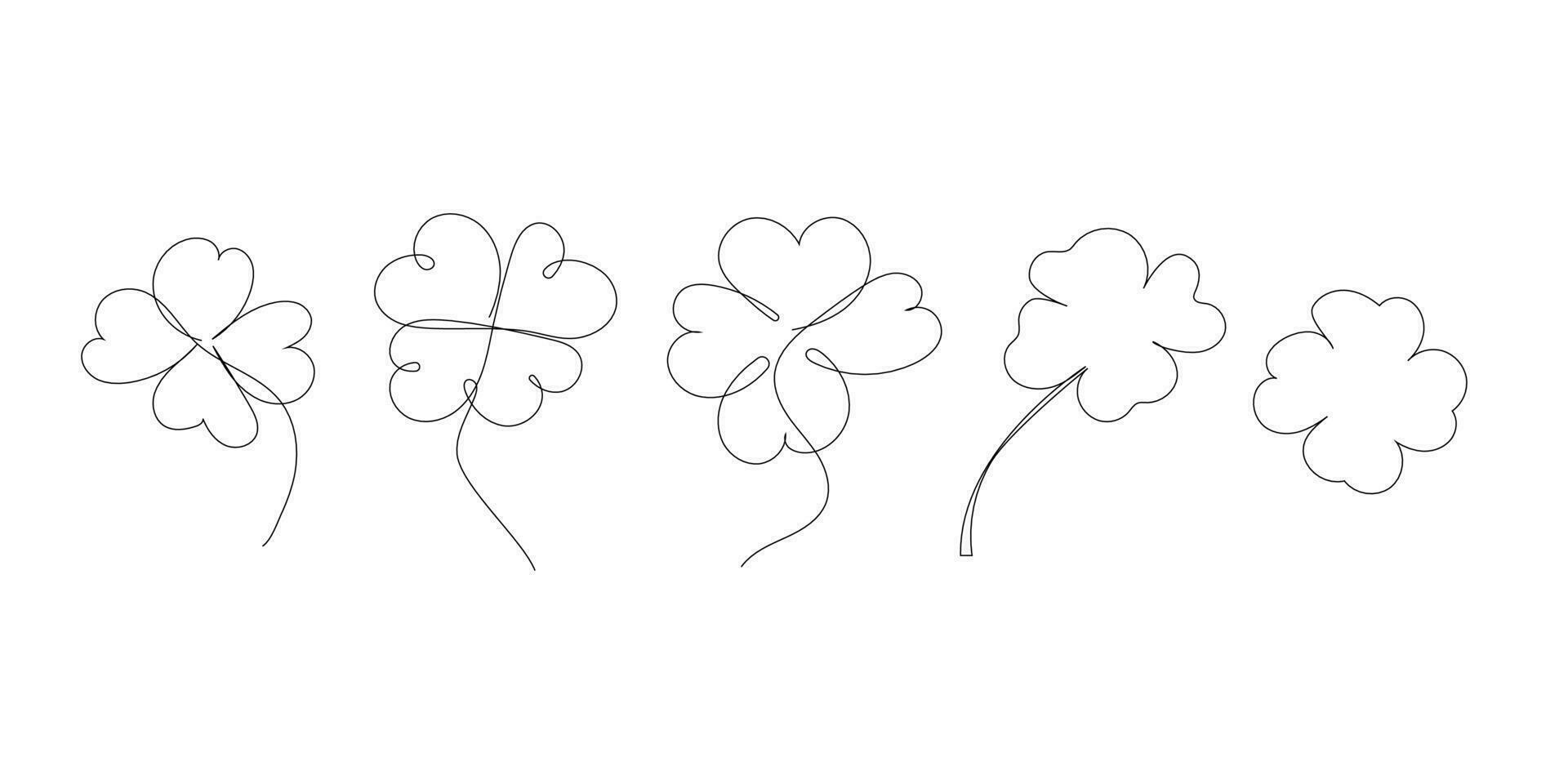 Set of beauty clovers drawn by one line. Floral sketch. Continuous line drawing. Minimalist art for patrick day. Vector illustration.