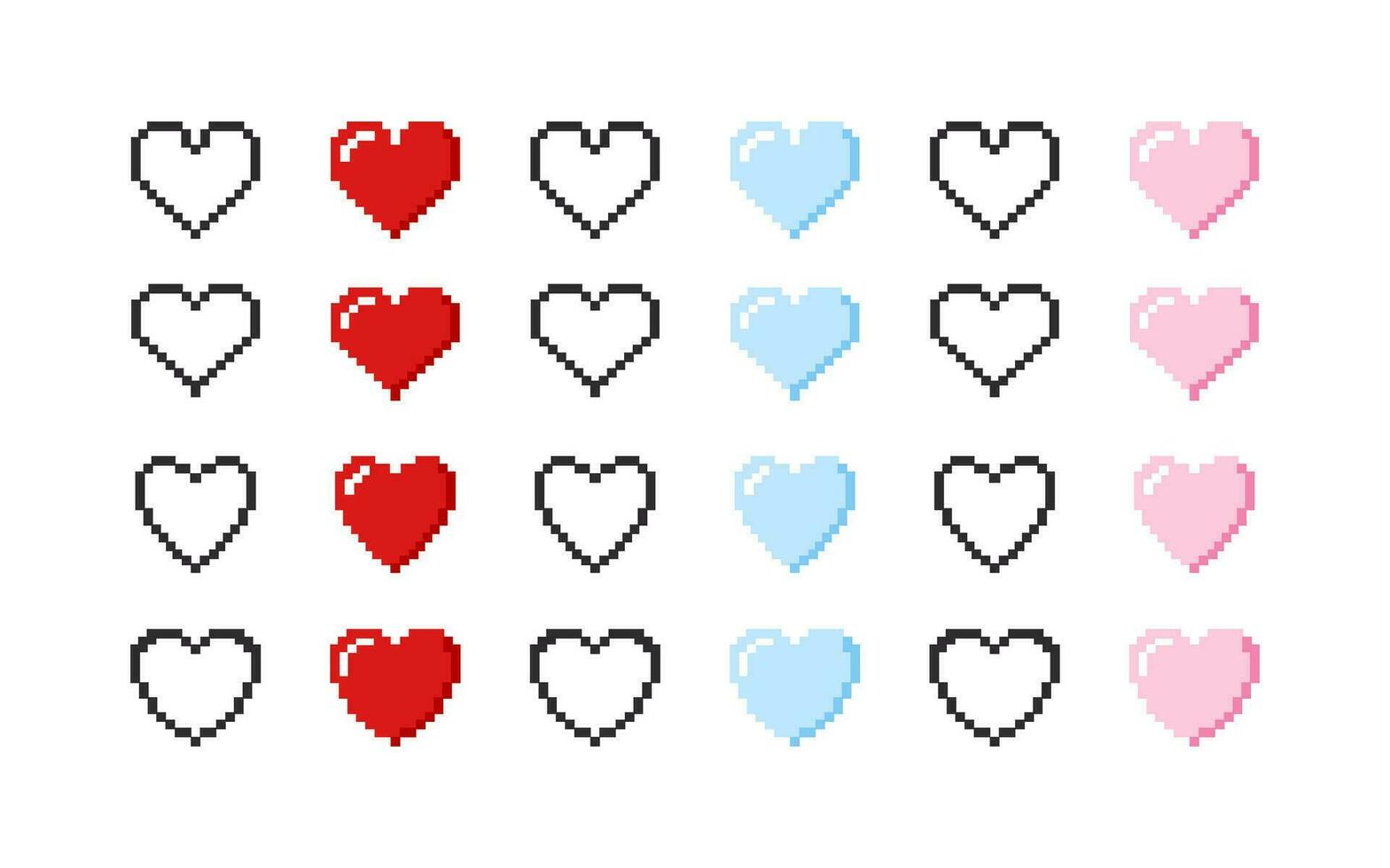 Icons of hearts. Set of hearts icons in pixel style. Vector scalable graphics