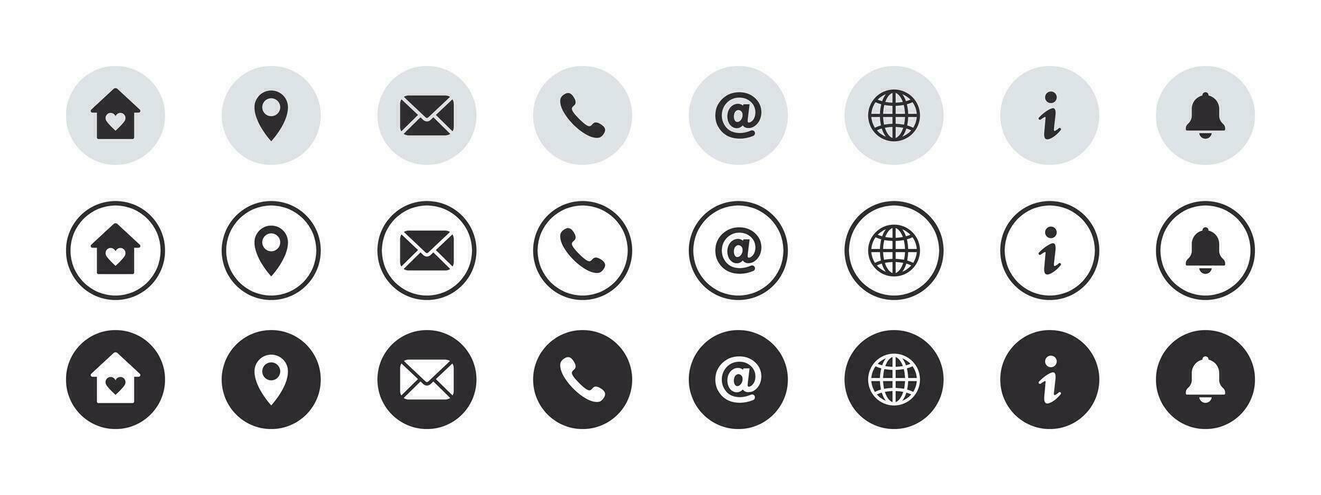 Contact information icons. Contact us icons set in different types. Vector scalable graphics
