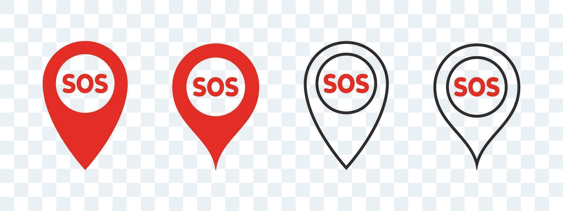 SOS Emergency icons. SOS badges in the form of a location icon. Vector scalable graphics