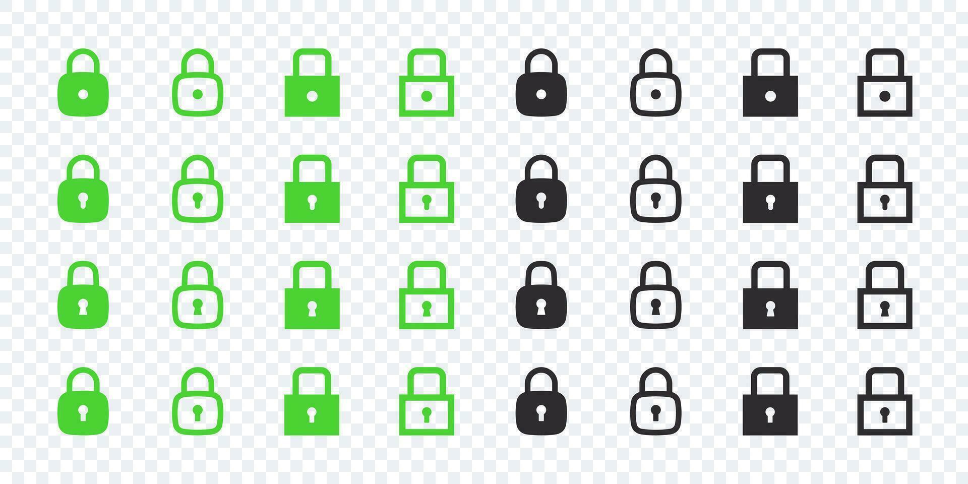 Lock icons set. Green and black lock icons. Vector scalable graphics