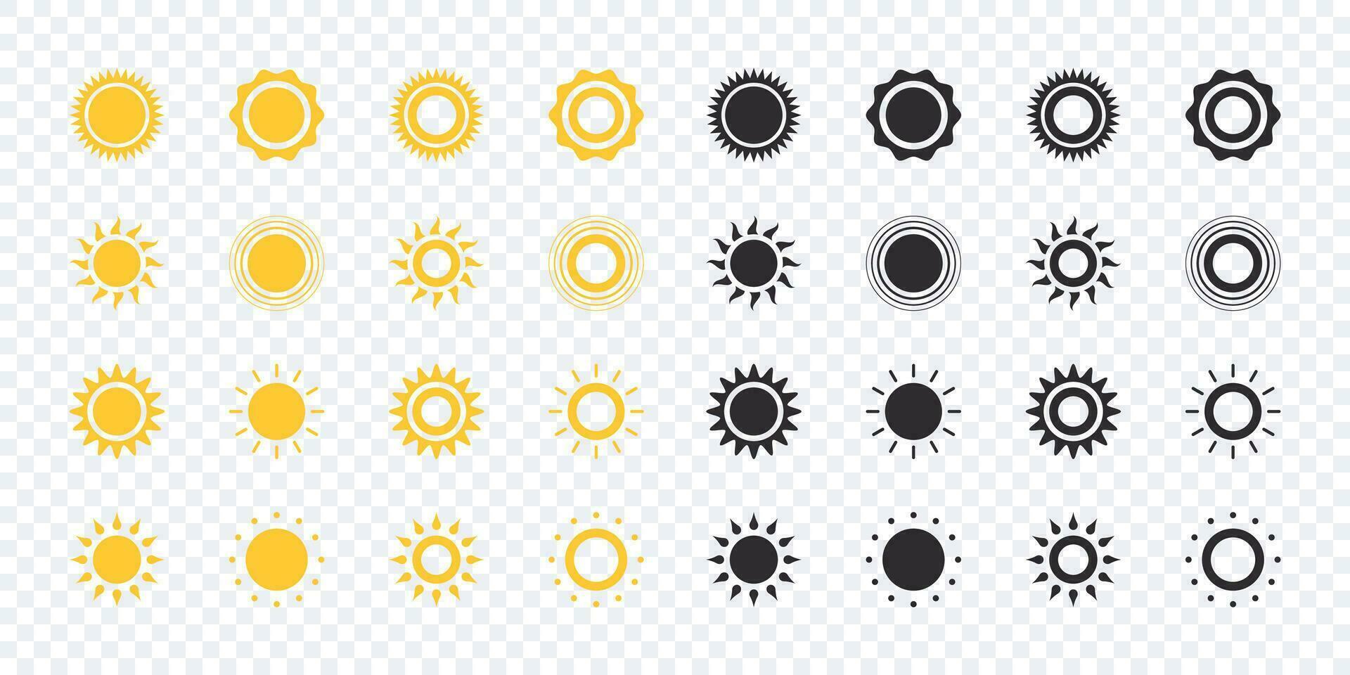 Sun icons set. Yellow and black sun icons. Vector scalable graphics