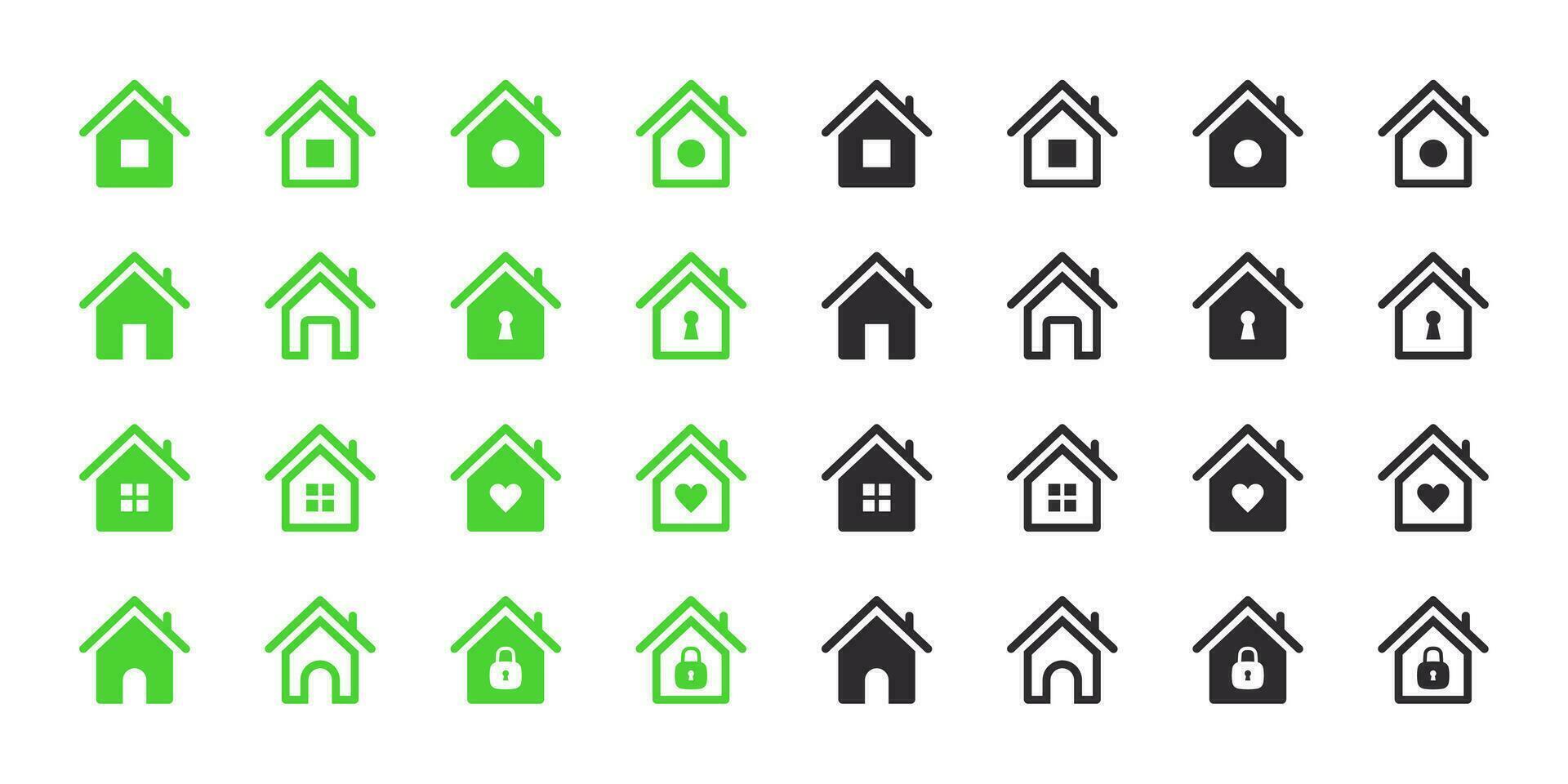 House icons set. Green and black house icons. Vector scalable graphics