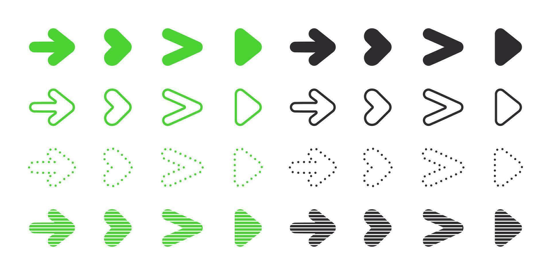 Arrows icons set. Green and black arrows or pointers icons. Vector scalable graphics