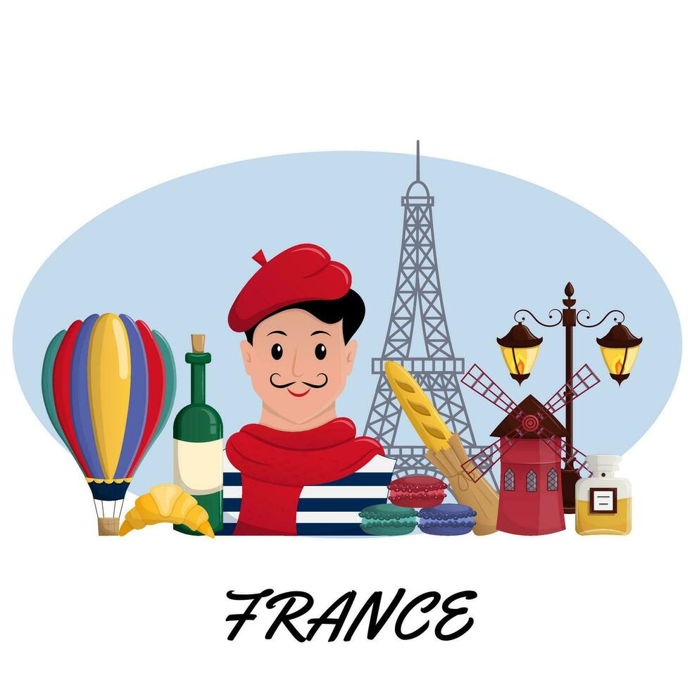 Travel to Paris. Symbols of the city, landmarks and food. France design elements. Vector flat illustration.