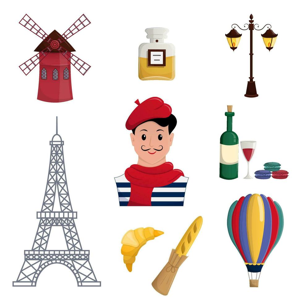 diseño elementos viaje a Francia. conjunto de ilustraciones París turista atracciones vector dibujos animados aislado imagen colocar.