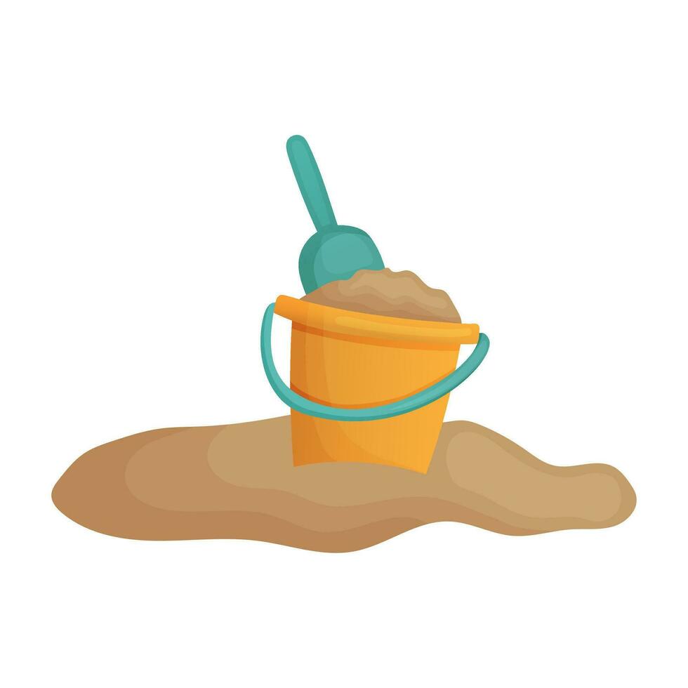 Children's plastic bucket for playing in the sand. Yellow beach bucket with shovel. Flat vector illustration isolated on white background.