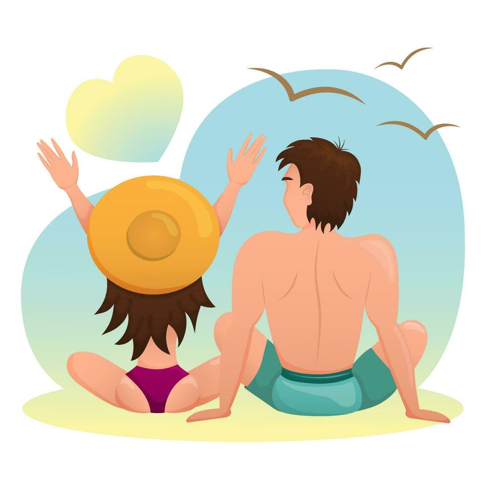 Couple in love sitting on the beach. The boy and girl are watching the sunrise and the flying seagulls. Flat vector illustration.