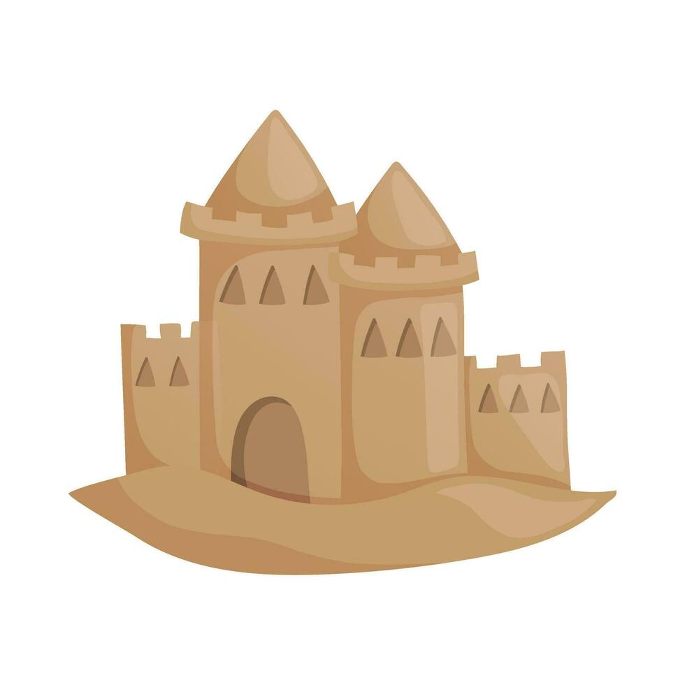 Sandcastle built on the beach. Flat vector illustration isolated on white background.