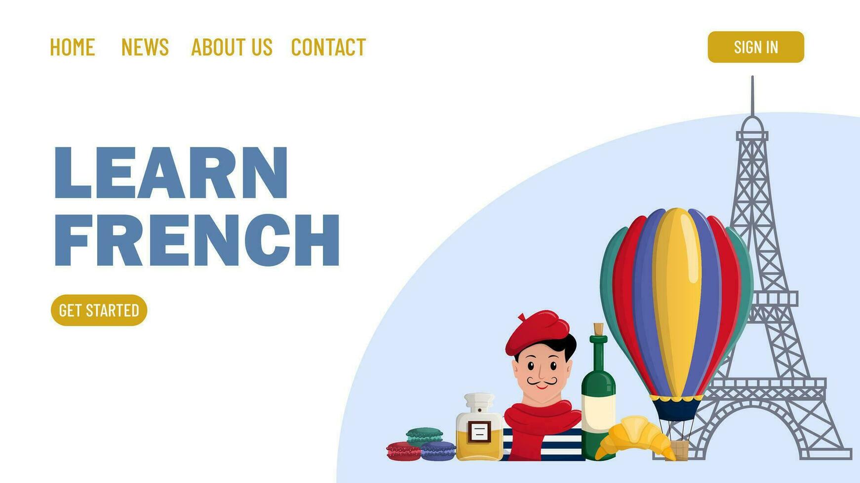 Template landing page. Advertising for language courses, schools. Learning French. Europe. Multilingualism. Horizontal screen of the site. Vector illustration.