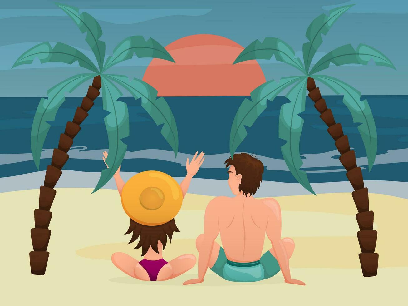 Guy and girl are sitting on seaside beach among palm trees and watching the sunset. Young couple on vacation on desert island. Flat vector illustration.