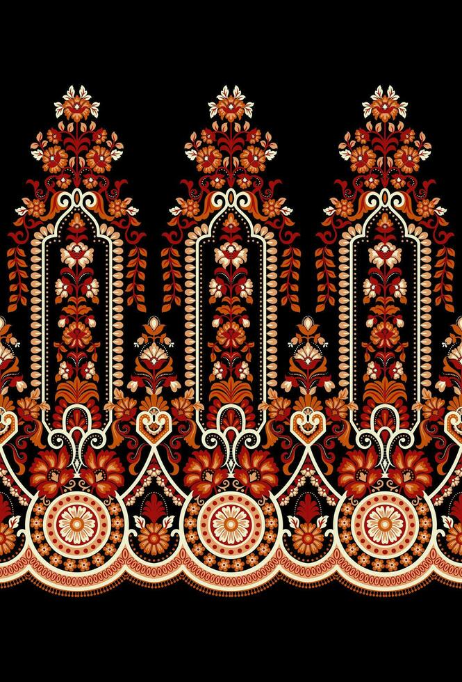 étnico sin costura fronteras y flor ornamento, motivo sorteos trabajando ilustración flores y ornamento motivo India diseño elementos escote modelo o, repetir el floral textura vector