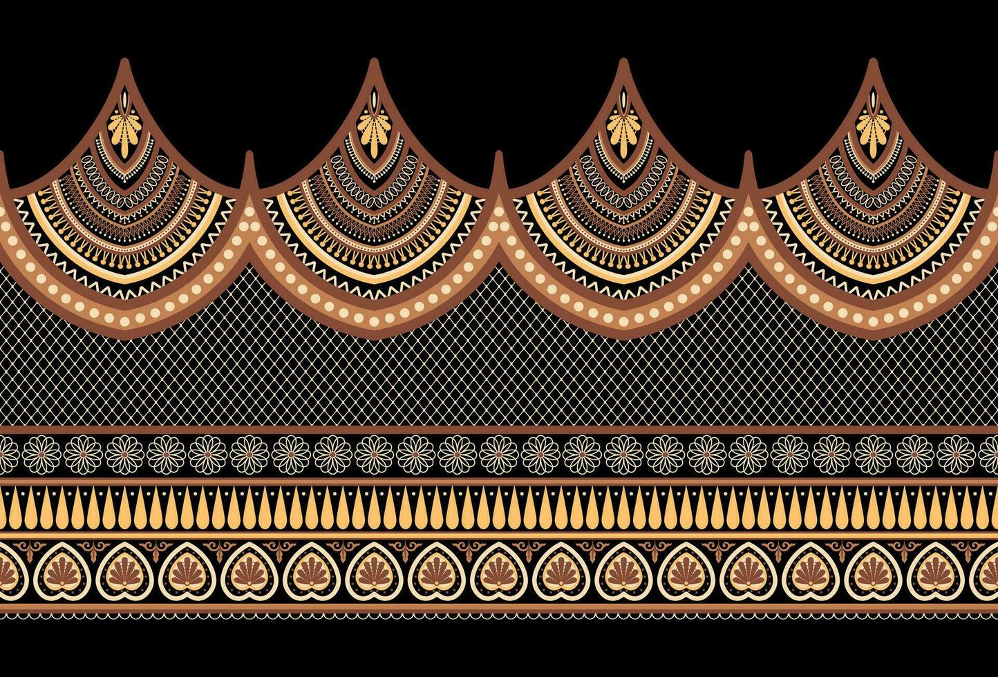 Ethnic Seamless borders and flower ornament, motif draws working illustration flowers and  ornament motif India design elements Neckline pattern or, repeat the floral texture vector