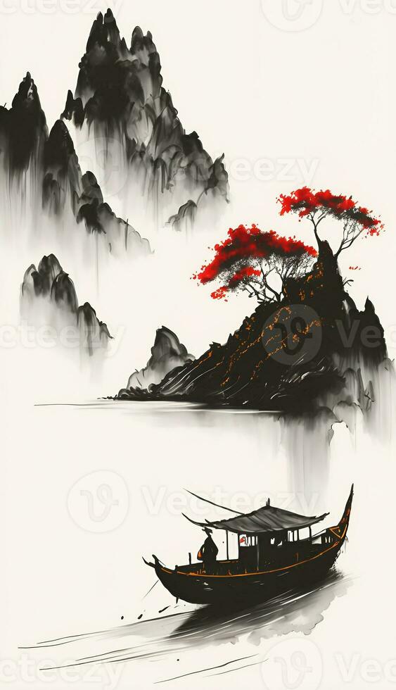 Japan style 2D landscape painting. Artwork and design. Background drawing and illustration. photo