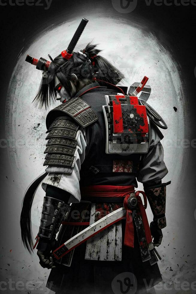 Japanese samurai warrior character design. Medieval soldier with sword. Japan culture and history. Asian traditional knight painting and drawing. photo