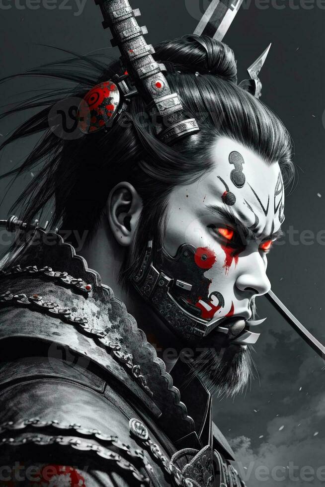 Japanese samurai warrior character design. Medieval soldier with sword. Japan culture and history. Asian traditional knight painting and drawing. photo