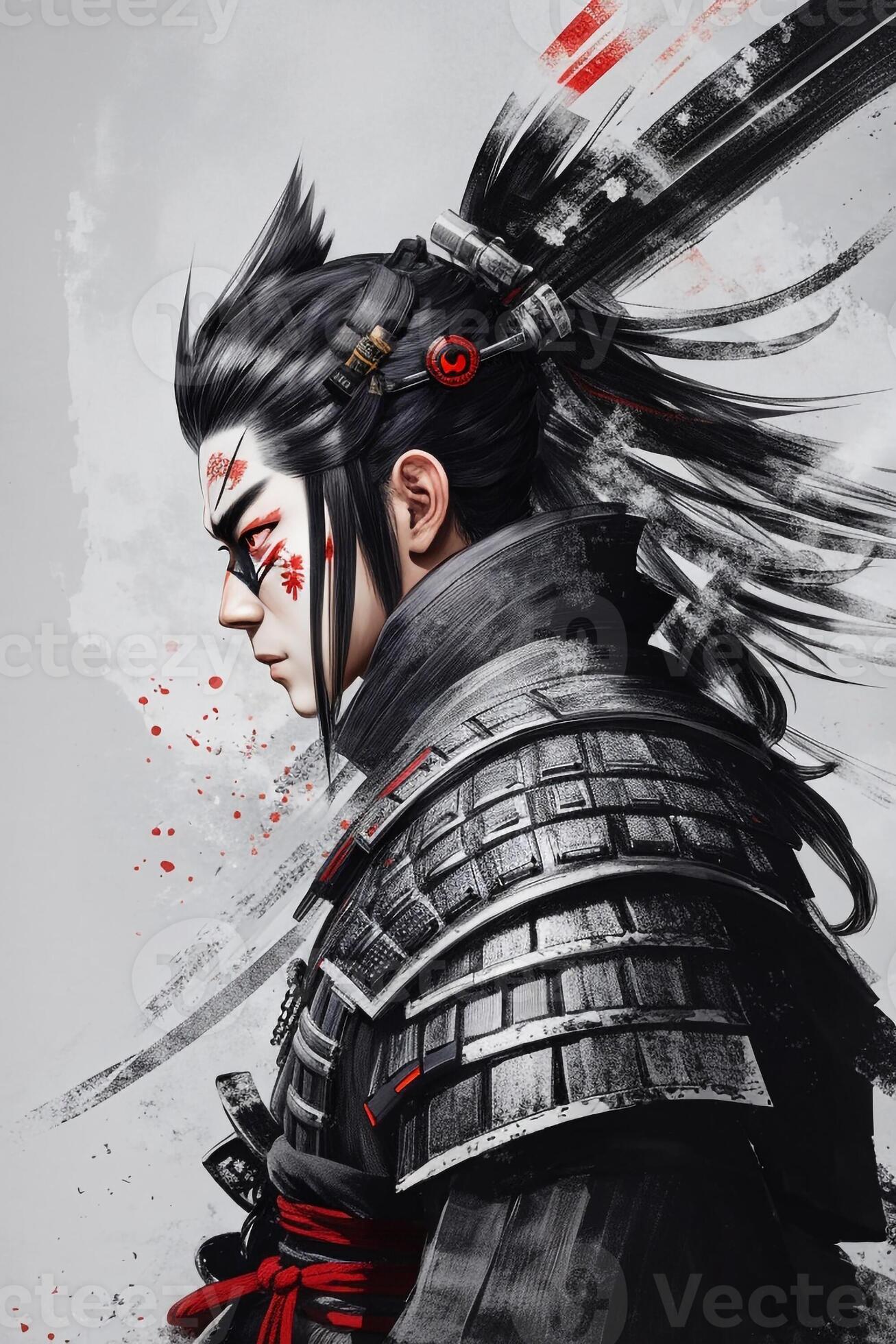 Japanese samurai warrior character design. Medieval soldier with sword