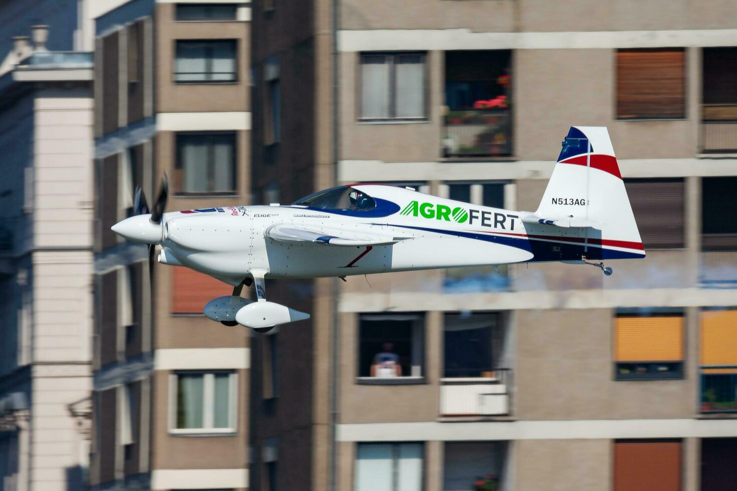 Martin Sonka with N513AG Zivko Edge 540 flying over Danube river in Budapest downtown at Red Bull Air Race 2015 at Red Bull Air Race 2015 photo
