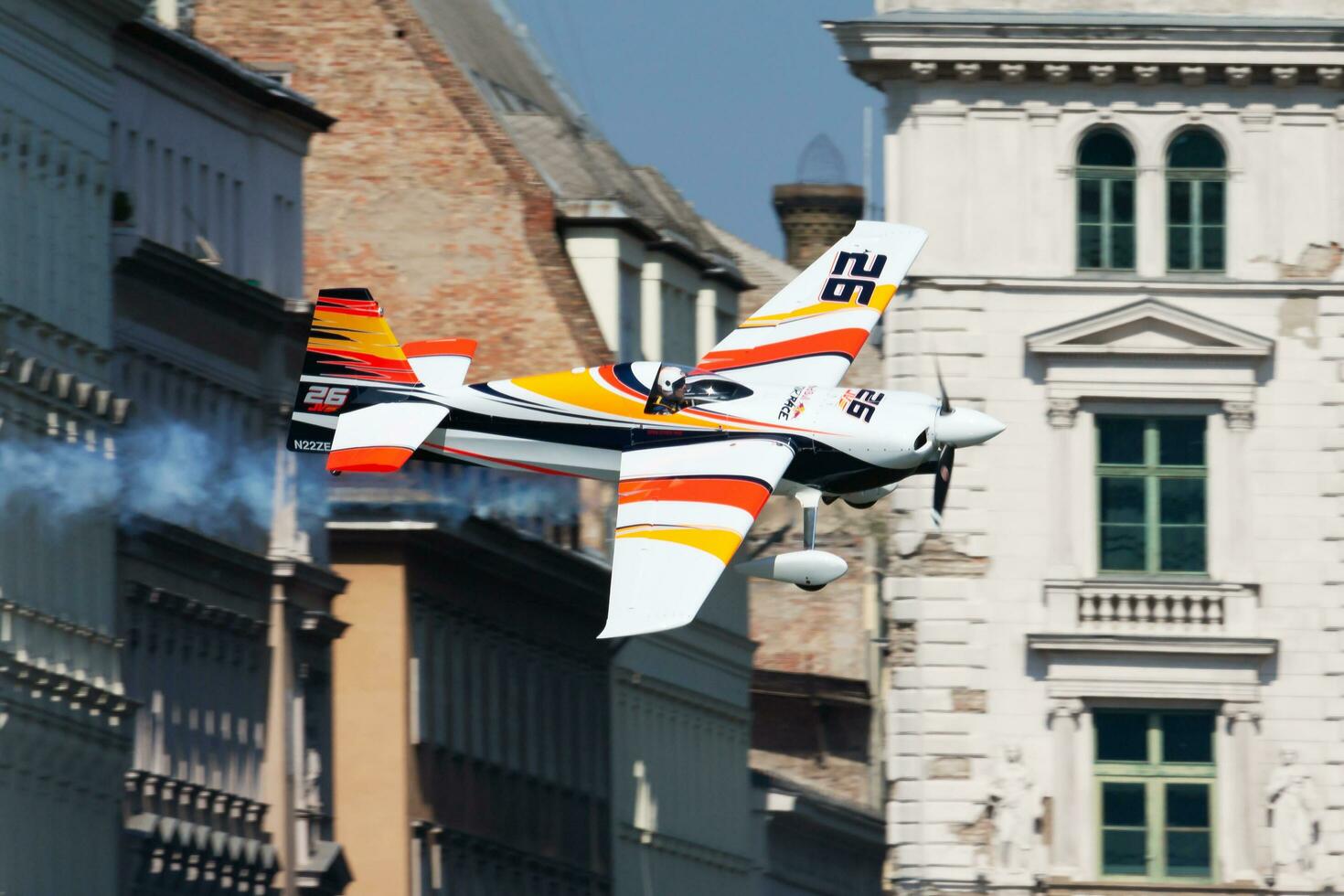 Juan Velarde with N22ZE Zivko Edge 540 flying over Danube river in Budapest downtown at Red Bull Air Race 2015 photo