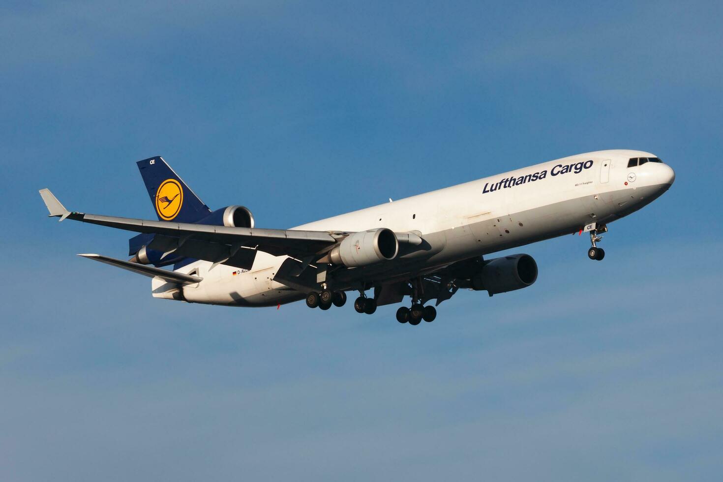 Lufthansa Cargo MD-11 D-ALCE cargo plane landing at Frankfurt Airport photo