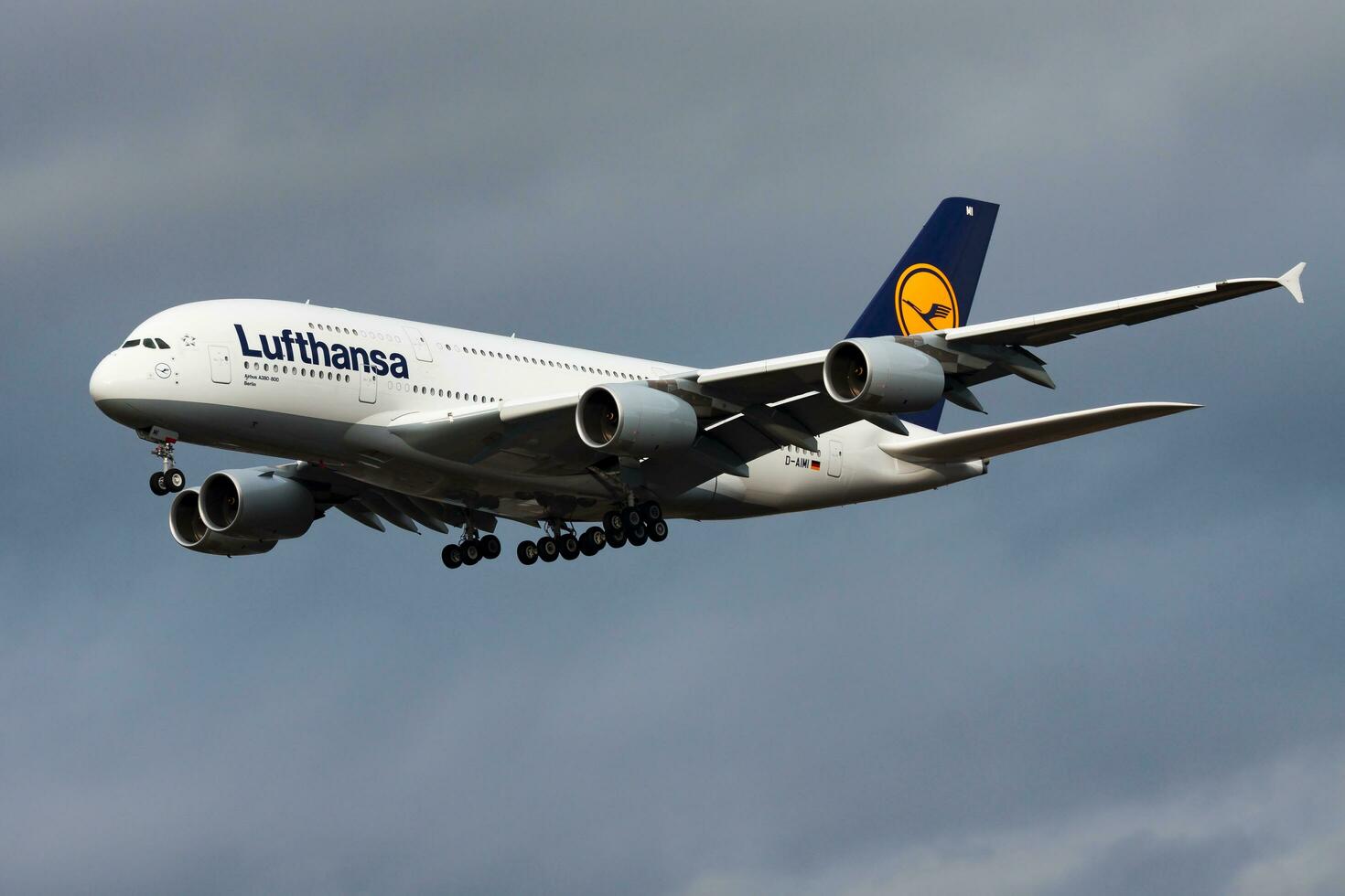 Lufthansa Airbus A380 D-AIMI passenger plane landing at Frankfurt Airport photo