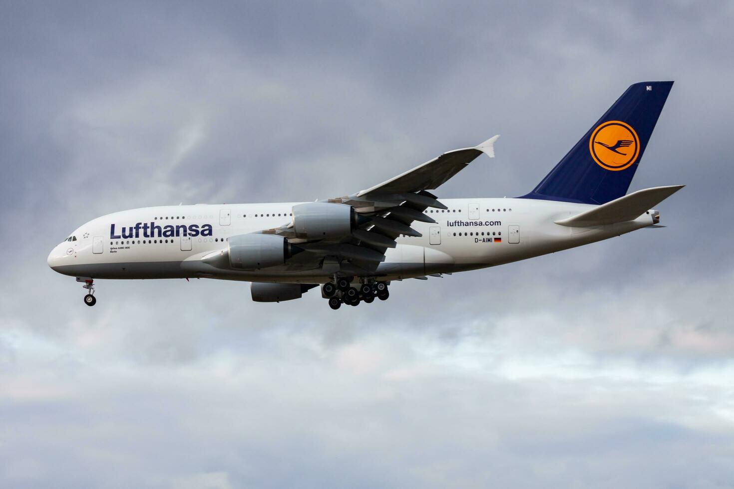 Lufthansa Airbus A380 D-AIMI passenger plane landing at Frankfurt Airport photo