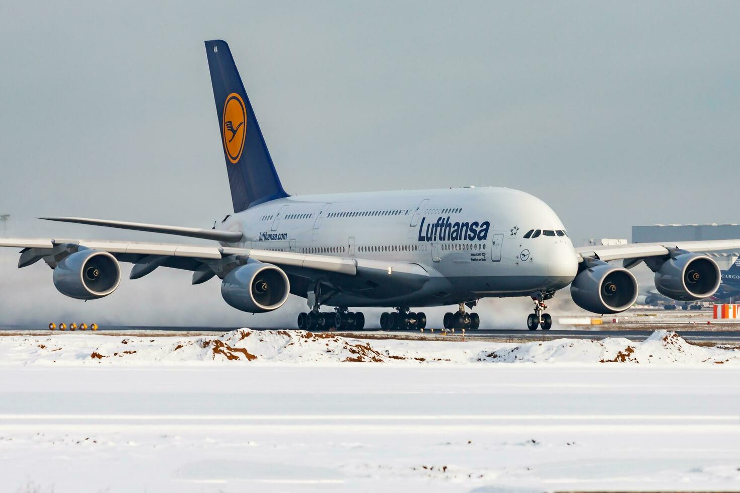 Lufthansa Airbus A380 D-AIMA passenger plane departure at Frankfurt Airport photo