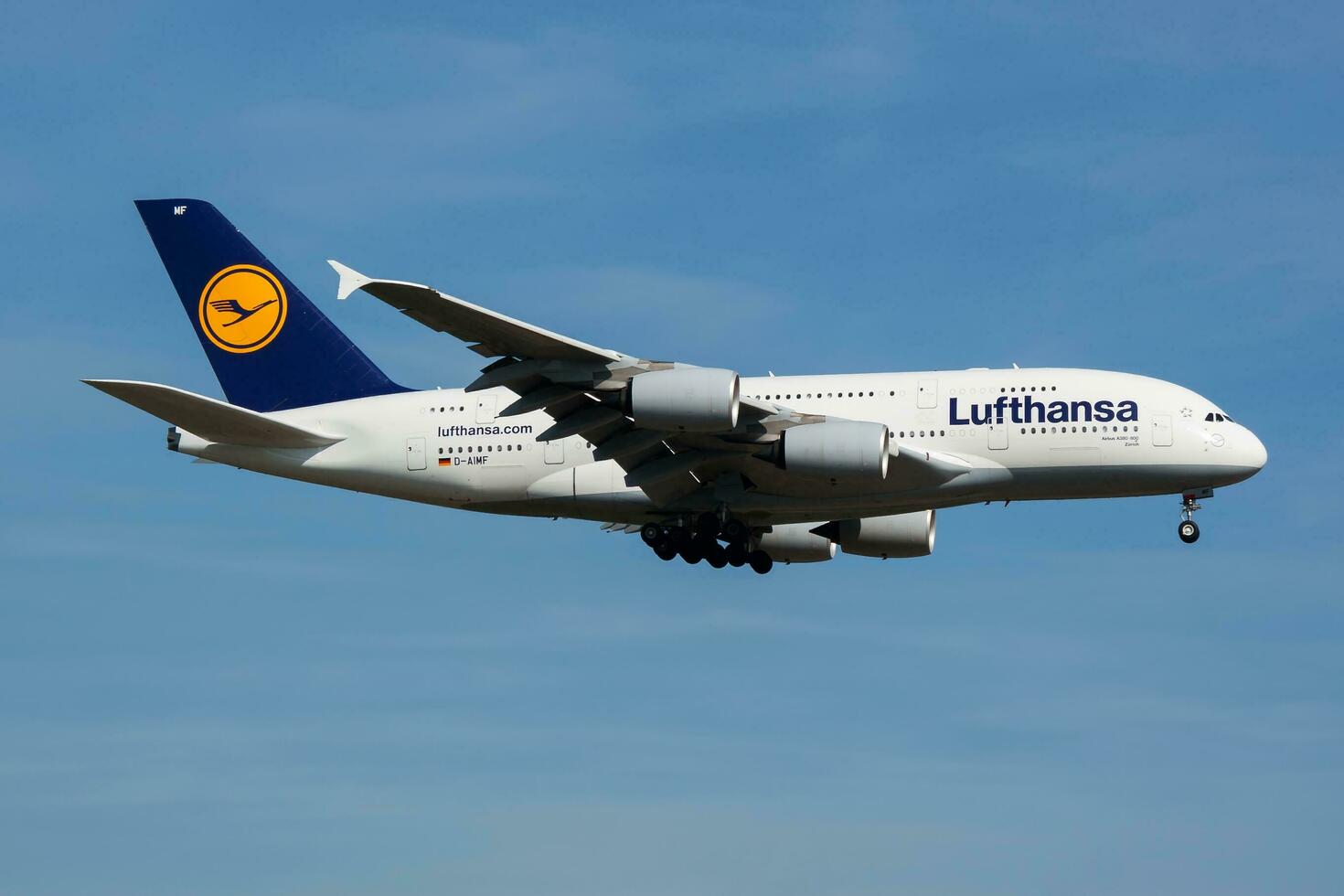 Lufthansa Airbus A380 D-AIMF passenger plane landing at Frankfurt Airport photo