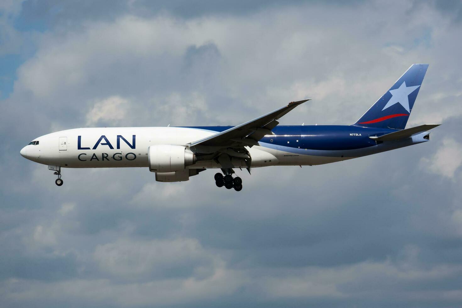 LAN Cargo Boeing 777-200 N772LA cargo plane landing at Frankfurt Airport photo