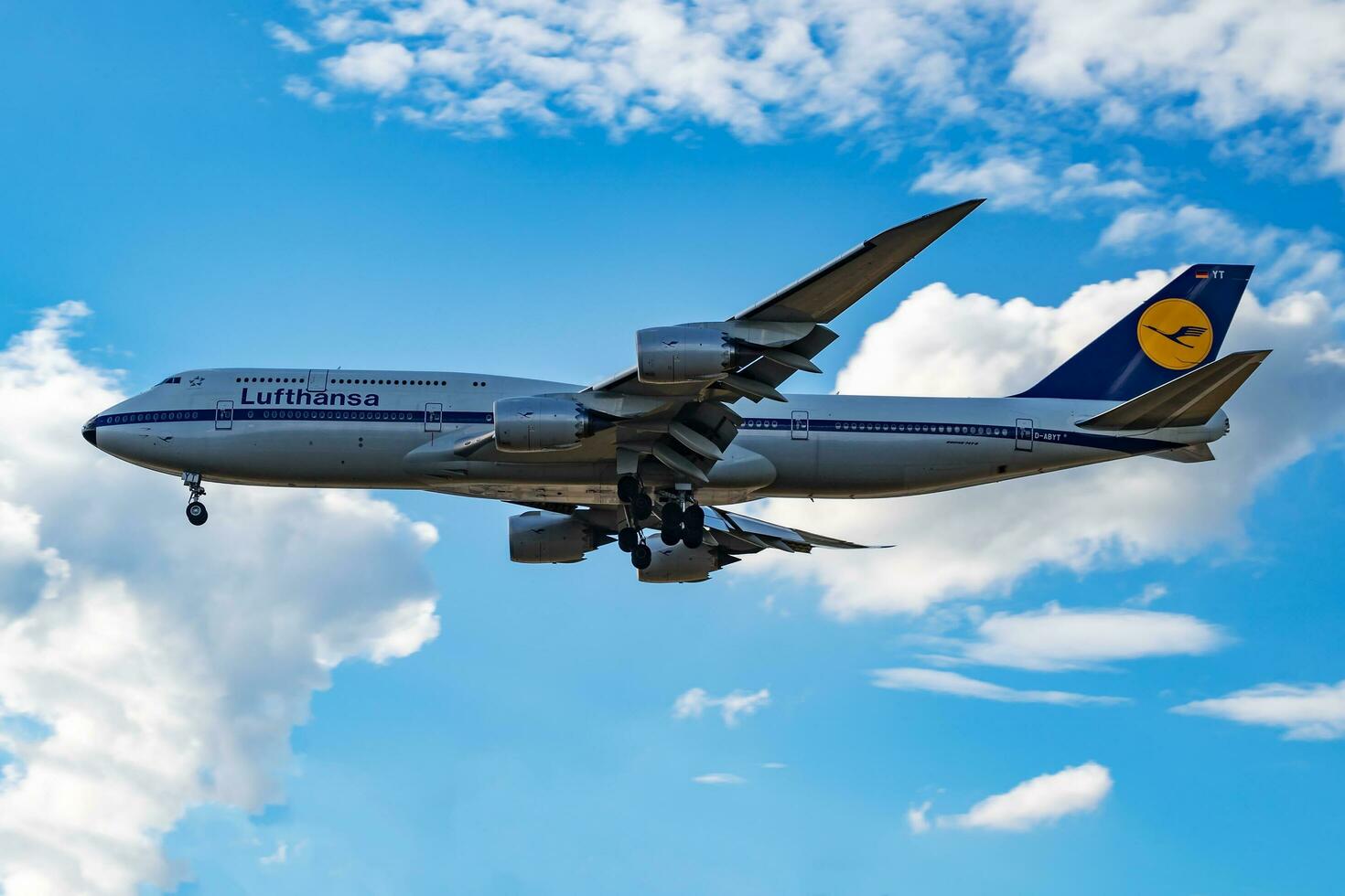 Lufthansa passenger plane at airport. Schedule flight travel. Aviation