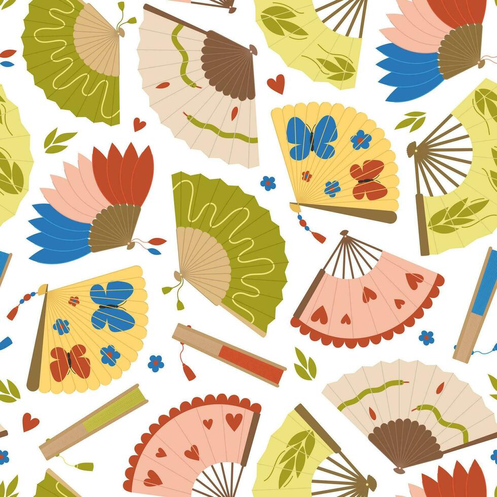 Seamless pattern with hand fans. Asian traditional folding souvenir. Cooling accessory. Colorful collection with different design. Vector flat illustration isolated on white background