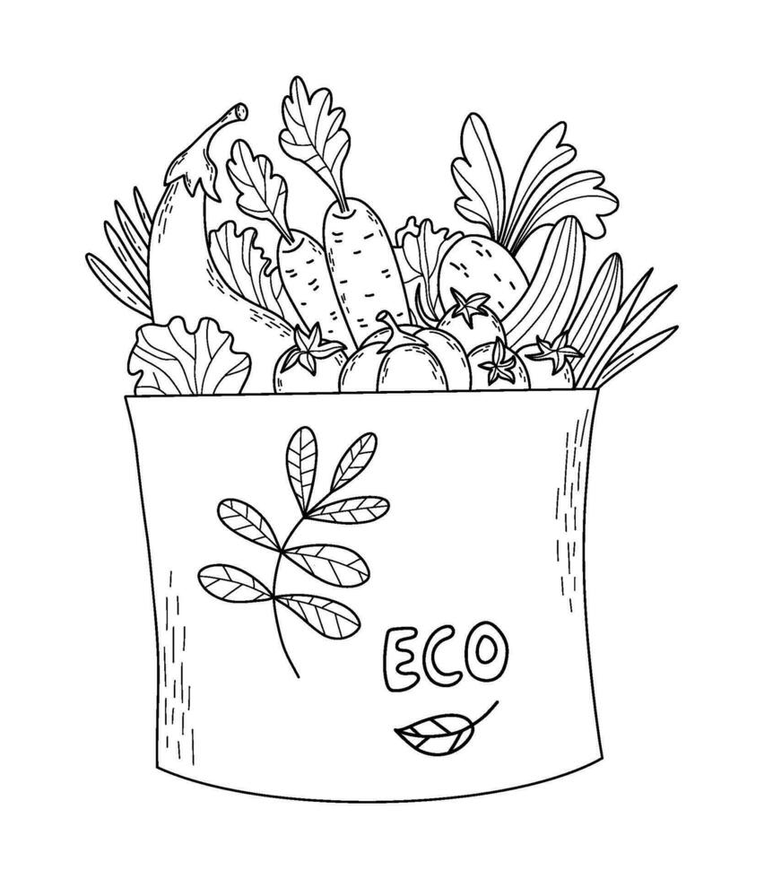 eco bolso con vegetales. vector contorno ilustración bosquejo. papel bolso con comida - zanahorias, raíz de remolacha, Tomates, pepinos, berenjena. ecología concepto y reciclaje, tienda de comestibles compras y entrega.