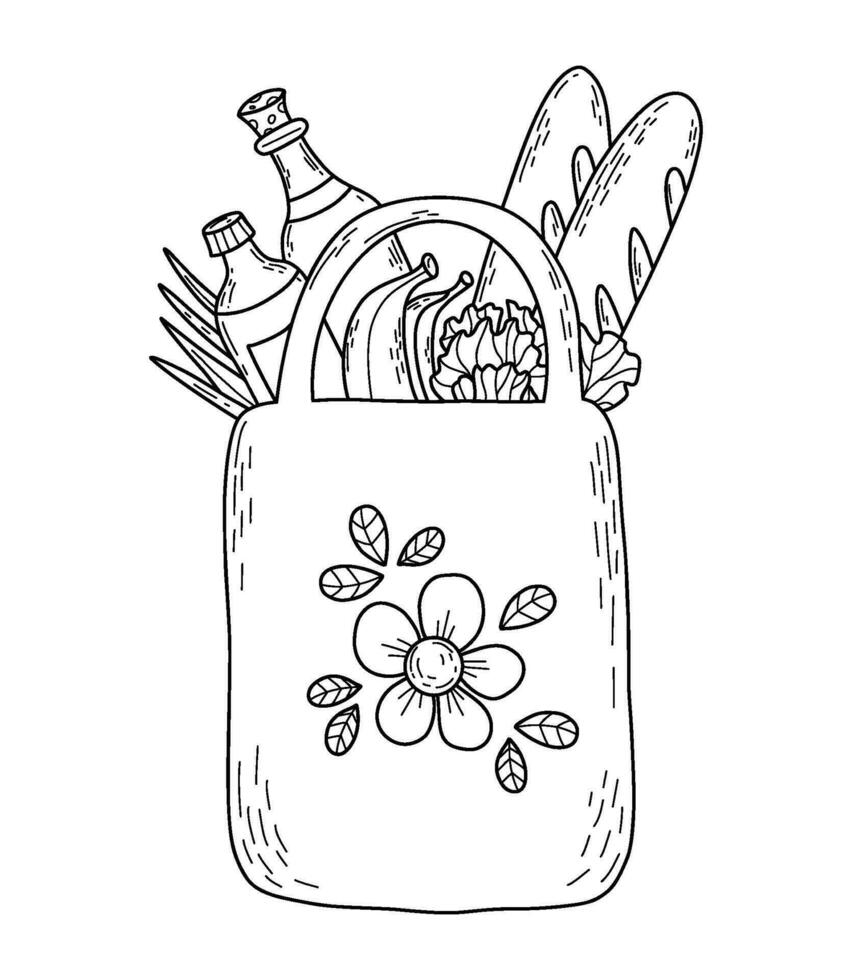 Eco bag full of food. Butter, bananas, baguette and greens with onions. Vector illustration. Linear hand drawing. Shopping concept, sustainability and food delivery.