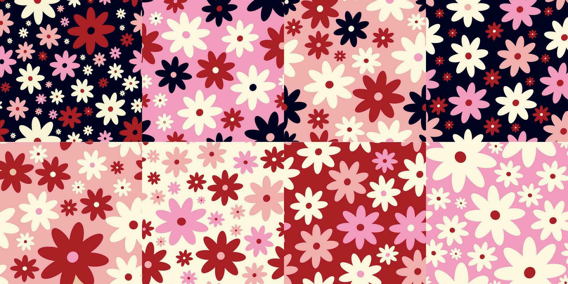 Set of Creative vibrant quirky Retro floral pattern in 60s in bright juicy colors vector