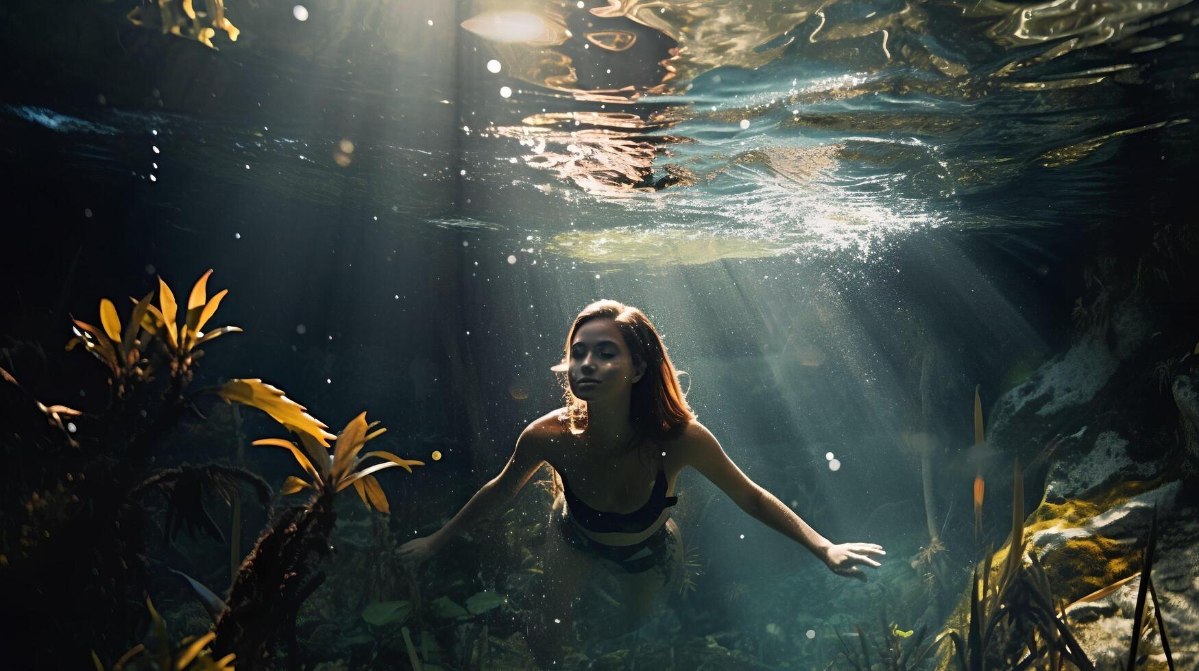 niña en un traje de baño, nadando submarino, lleno marco. ai generativo Arte foto