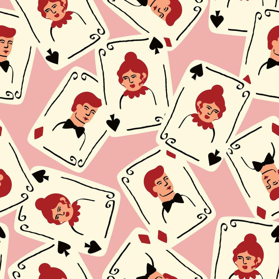 Bright vibrant pattern with Playing cards with Jack and Queen of Spades. vector
