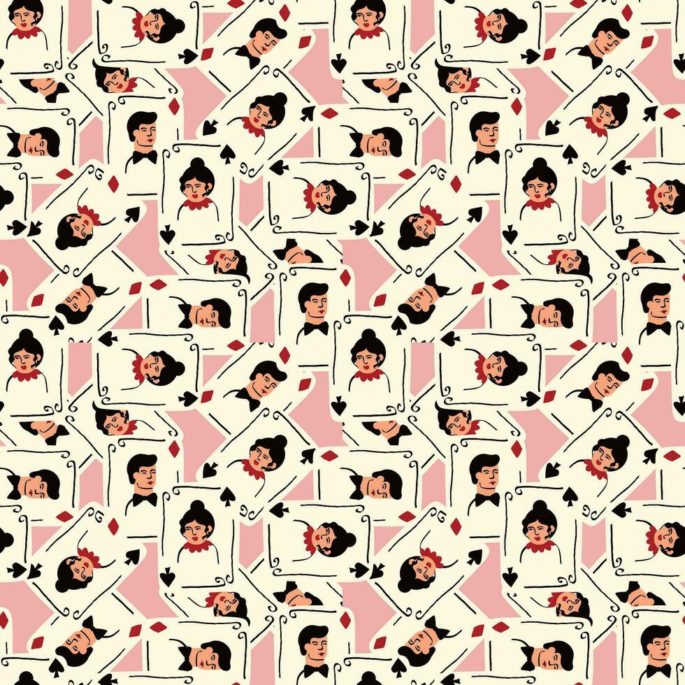 Bright vibrant pattern with Playing cards with Jack and Queen of Spades. vector