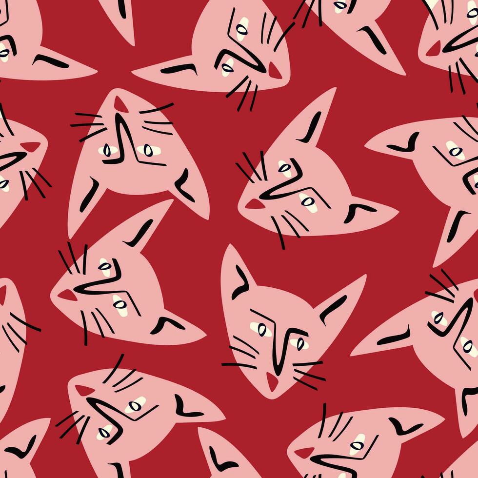 Pattern with kitty with a lovely face. Freaky comic cat face vector