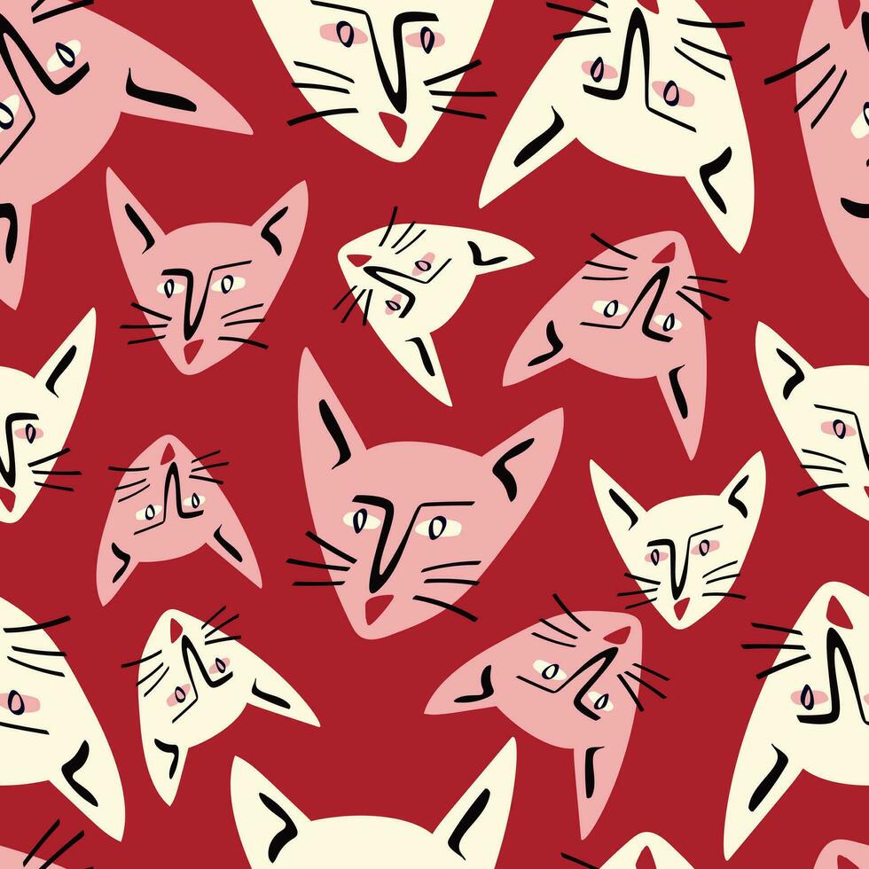 Pattern with kitty with a lovely face. Freaky comic cat face vector