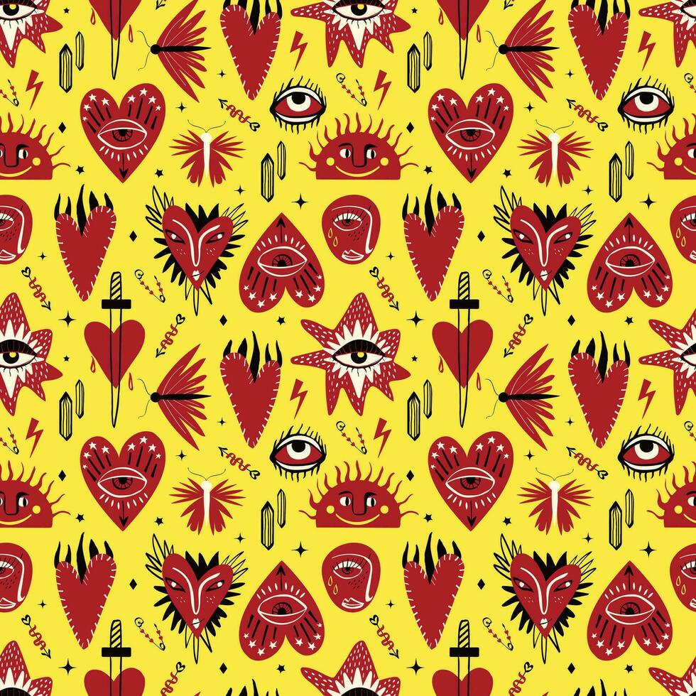 Bright funny magic pattern with bizarre mystical symbols. Background with Magic symbols in a trendy cartoon style vector