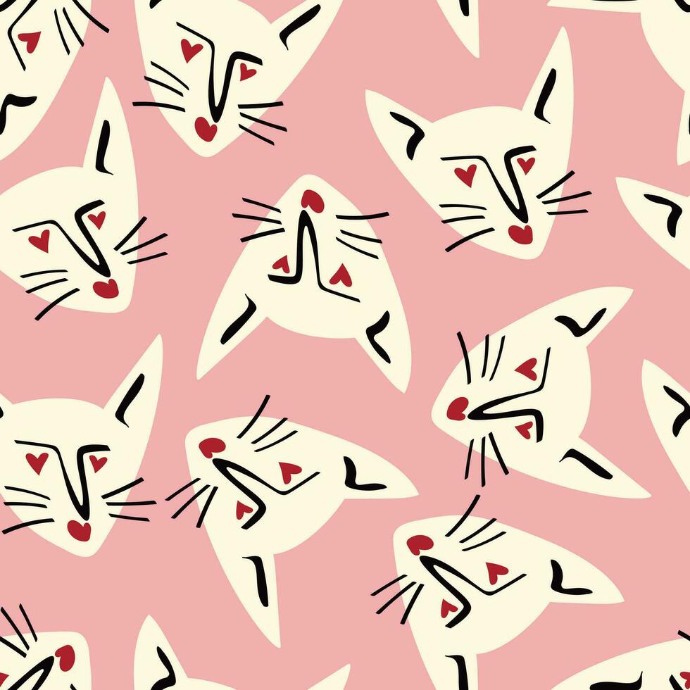 Pattern with kitty with a lovely face. Freaky comic cat face vector