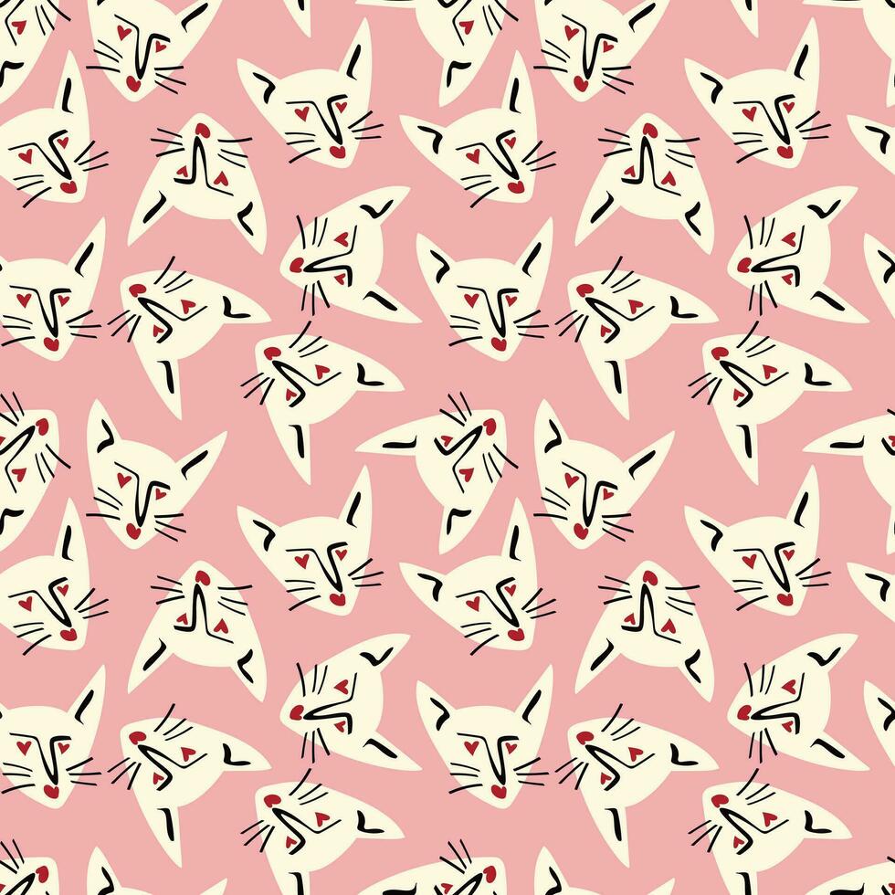 Pattern with kitty with a lovely face. Freaky comic cat face vector