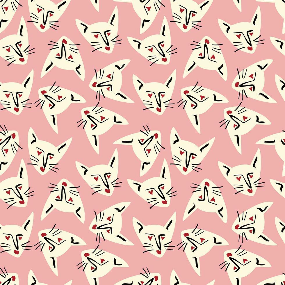 Pattern with kitty with a lovely face. Freaky comic cat face vector