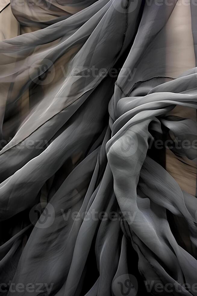 Black transparent background of flowing fabric, in the style of monochrome colors. art photo
