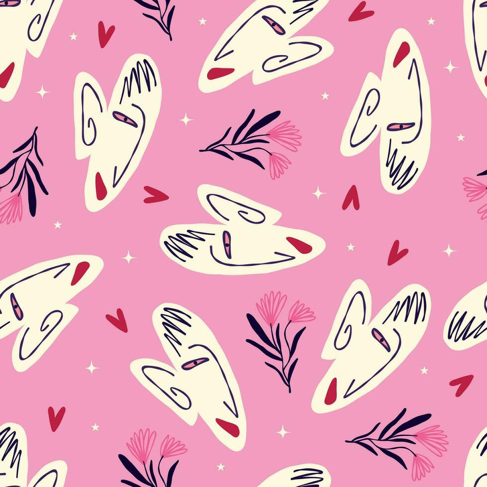 Pink Vibrant Feminine Aesthetic pattern with abstract painted faces and rose flowers vector