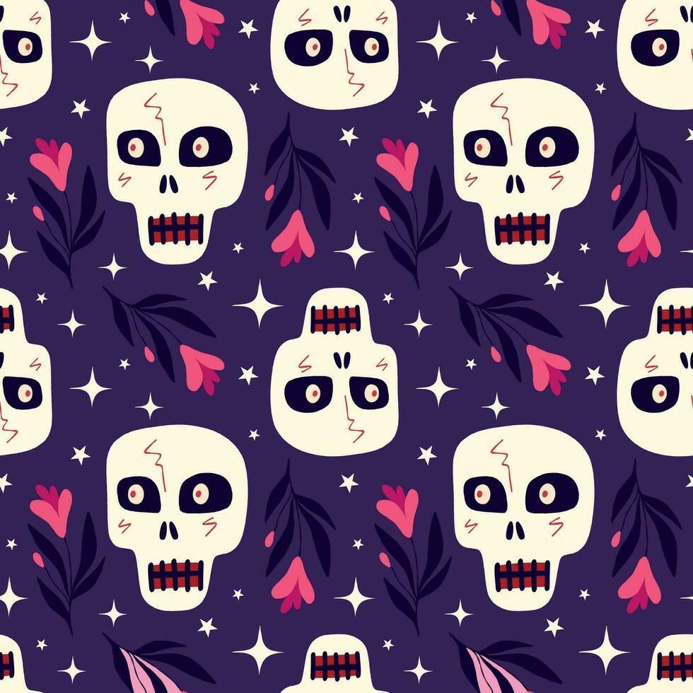 Purple Halloween pattern with mystical Gothic skulls. vector