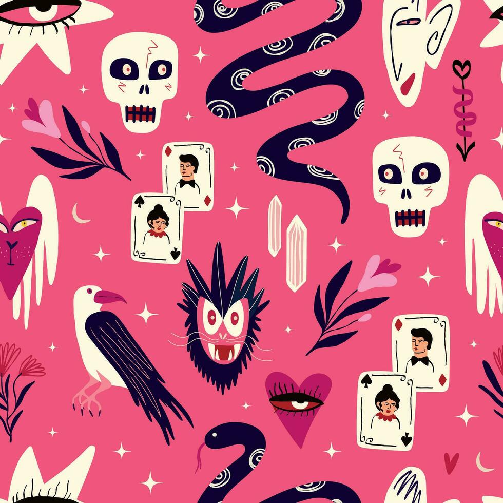 Pink Halloween pattern with magical mystical esoteric magical Gothic symbols vector