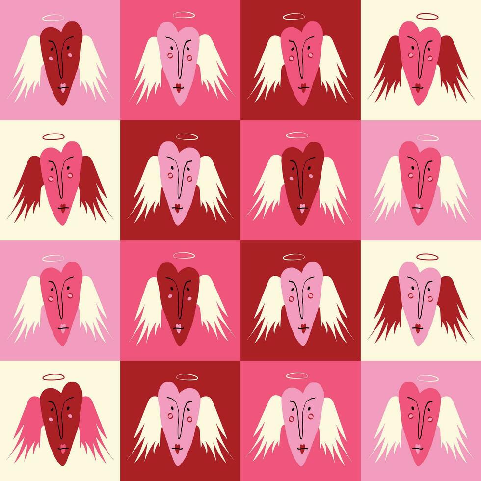 Bright pink and Red Valentine's Day pattern with Angel heart and wings vector